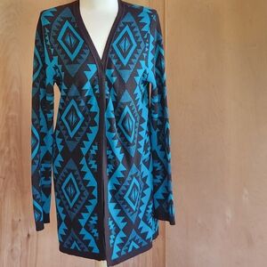 Cowgirl Legend Aztec Print Open Front Cardigan Turquoise Black Southwestern